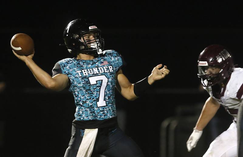 Woodstock North's Parker Halihan throws a pass during a Kishwaukee River Conference football game against Marengo on Friday, Sept. 13, 2024, at Woodstock North High School.