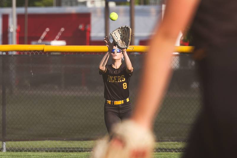 Joliet West’s Shelby Fraser pulls in the fly ball against Plainfield Central on Wednesday, May 15, 2024 in Joliet.