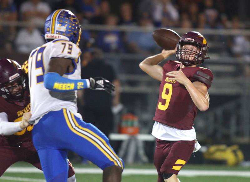 Richmond-Burton’s Ray Hannemann throws the ball against  Johnsburg in varsity football action on Friday, Sept. 13, 2024, at Richmond-Burton High School in Richmond.