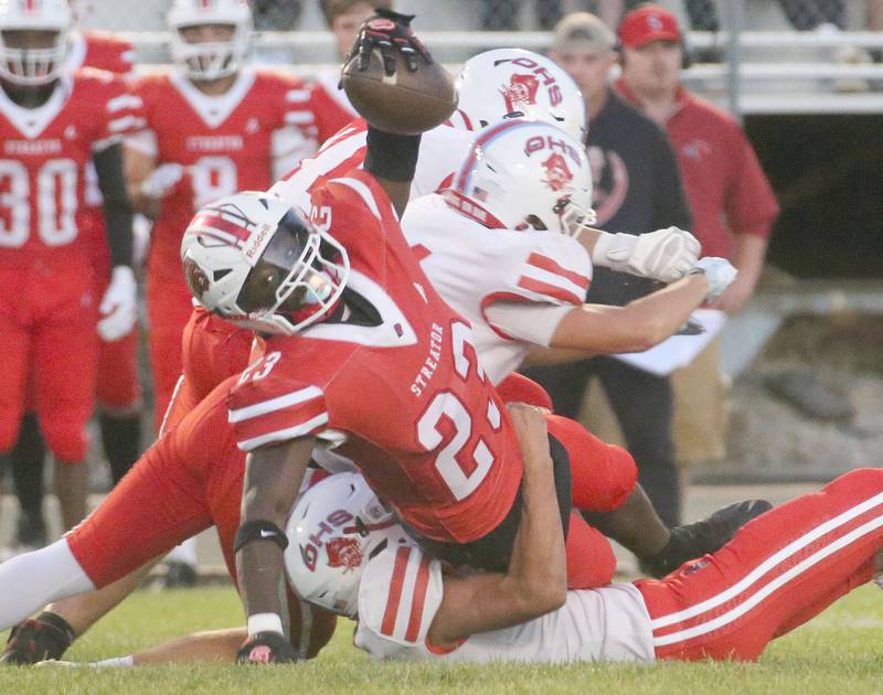 Streator's Jordan Lukes fights for extra yards after being taken down by several Ottawa defenders on Friday, Sept. 6, 2024 at Doug Dieken Stadium.