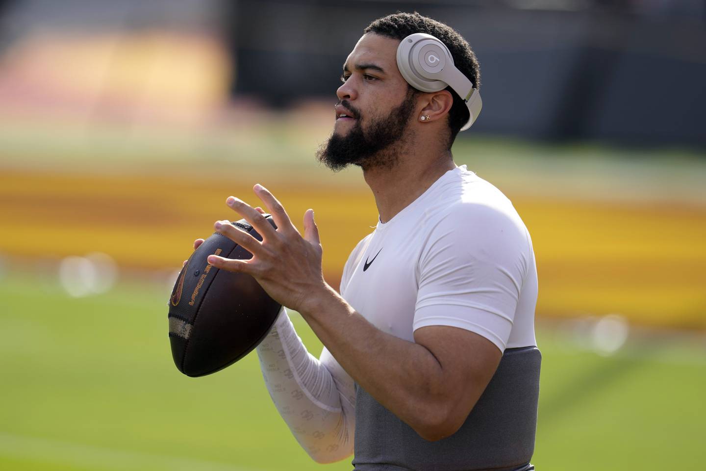 USC quarterback Caleb Williams warms up before a game against Washington Saturday, Nov. 4, 2023, in Los Angeles.