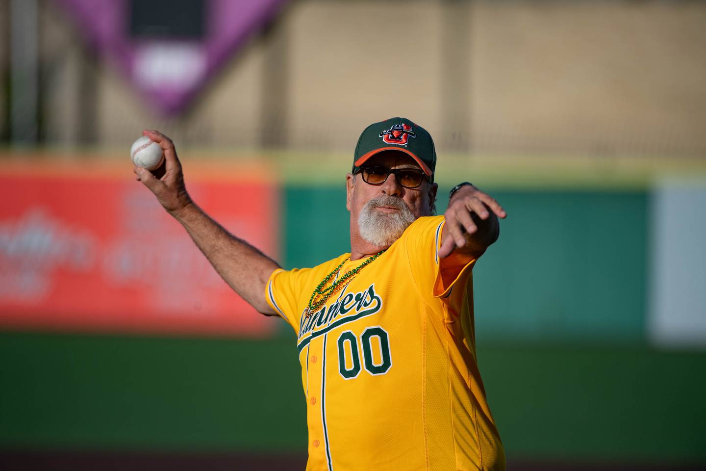 Mike Veeck throws out a ceremonial first pitch during the Joliet Slammers home opener Friday May 10, 2024 at Duly Health and Care Field in Joliet
