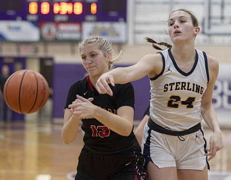 Sterling’s Madison Austin smacks the fallaway from Stillman Valley’s Mya Janssen Thursday, Dec. 28, 2023 at the Dixon KSB Holiday tournament.