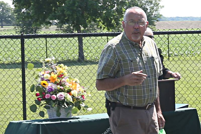 Princeton mayor Ray Mabry delivers a speech during the opening of a new a new dog park on Thursday, May 23, 2024 at Zearing Park in Princeton. The one acre park has duel sections for small and large dogs, benches, a dog water fountain and waste station. Jeanne Hutchinson has donated the funds to the Princeton Park District to fund the building of the dog park and to generate income to help maintain its care.