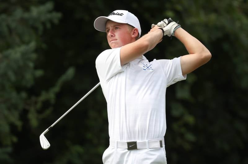 Geneva’s Matt Trimble tees off on the par three fourth hole Monday, Sept. 16, 2024, during the Mark Rolfing Cup at the Kishwaukee Country Club in DeKalb.