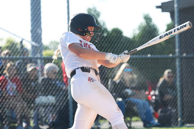 Lincoln-Way Central’s Kayla Doerre connects against Lincoln-Way East in the Class 4A Lincoln-Way Central Sectional semifinal on Wednesday, May 29, 2024 in New Lenox.