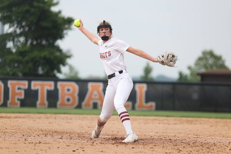 Lincoln-Way Central’s Lisabella Dimitrijevic delivers a pitch against Lincoln-Way West on Tuesday, May 14, 2024 in New Lenox.
