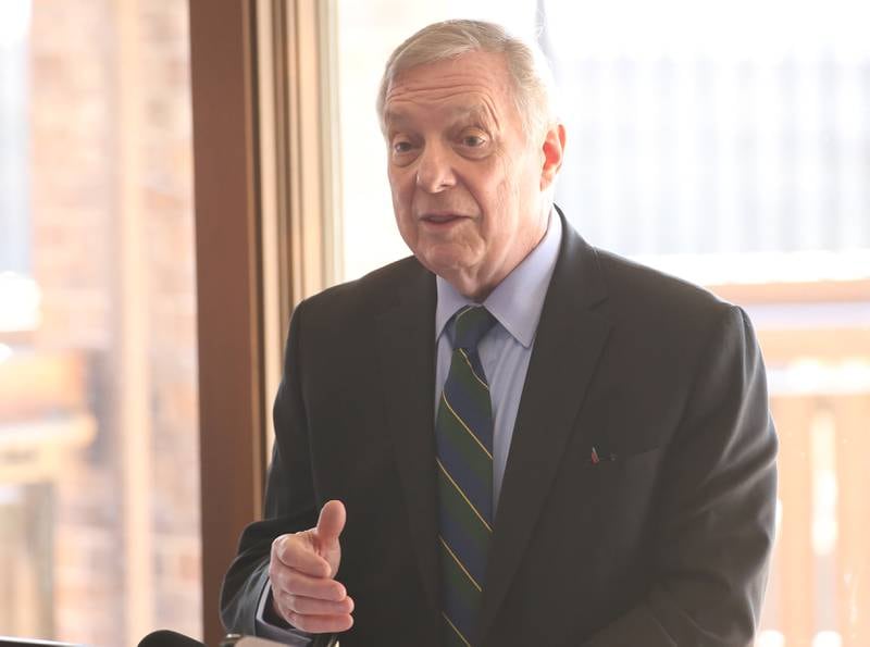 U.S. U.S. Sen. Dick Durbin, D-Illinois speaks during a groundbreaking ceremony for the new Starved Rock Breakwater project at Starved Rock Lock and Dam on Tuesday, Feb. 13, 2024 near Starved Rock State Park. The Starved Rock Breakwater project is a habitat restoration effort designed to restore submerged aquatic vegetation in the Illinois River, Starved Rock Pool. It will increase the amount and quality of resting and feeding habitat for migratory waterfowl and improve spawning and nursery habitat for native fish.
Construction of the breakwater will involve placement of riprap along northern edge of the former Delbridge Island, adjacent to the navigation channel between River Mile 233 and 234. The breakwater structure will be approximately 6,100 feet long and constructed to a design elevation 461.85 feet, providing adequate protection to allow for submerged aquatic vegetation growth.
The estimated total cost of this project is between $5 and $10 million.