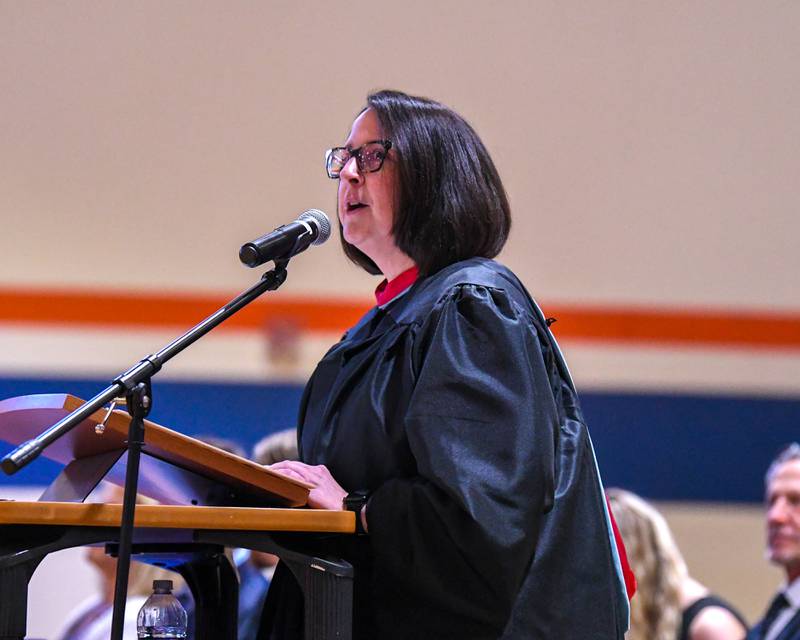 Genoa-Kingston Interim-Principal Rhonda Andrews welcomes the graduating class of 2024 and those in attendance at the start of the commencement ceremony held on Saturday, May 18, 2024, at Genoa-Kingston High School, 980 Park Ave., Genoa.