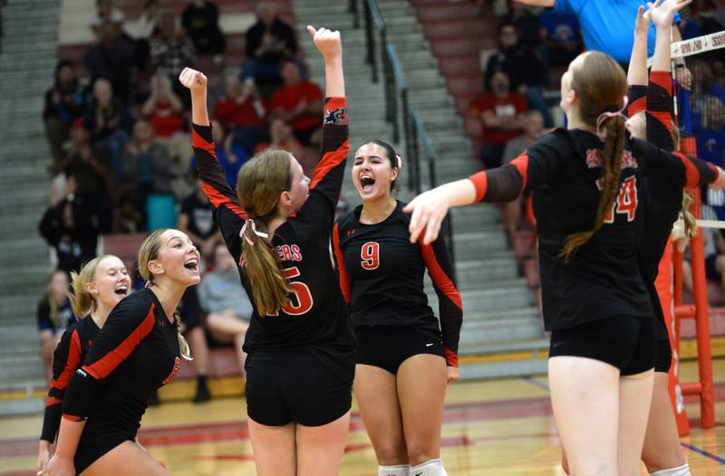 Erie-Prophetstown's Ashlyn Johnson (9) leads the celebration after the Panthers scored a point during the championship match of the Oregon Volleyball Tournament against Lena-Winslow on Saturday, Sept. 7, 2024. The Panthers took the tournament title in three sets.