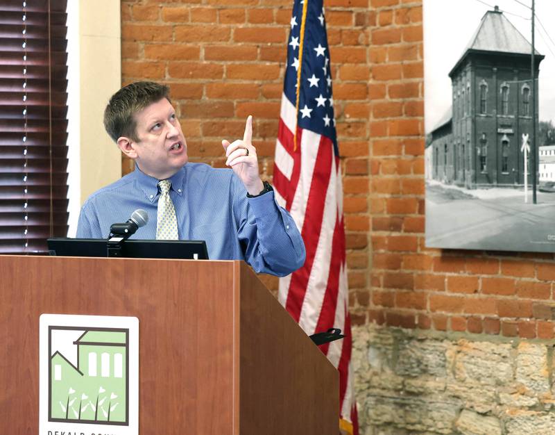 Michael Hall, city manager for the City of Sycamore, makes his presentation Wednesday, May 1, 2024, at the Sycamore Chamber of Commerce State of the Community Address in the DeKalb County Community Foundation Freight Room.