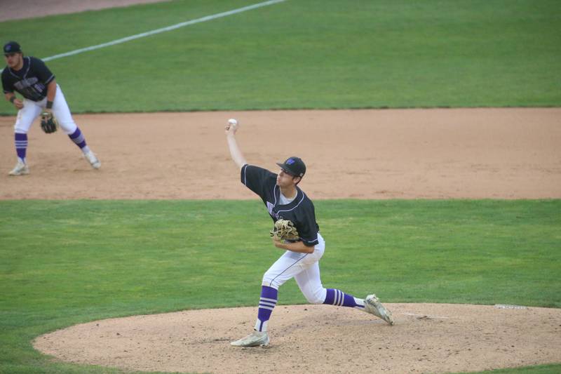 Wilmington's Ryan Kettman fires a pitch to St. Anthony during the Class 2A semifinal game on Friday, May 31, 2024 at Dozer Park in Peoria.