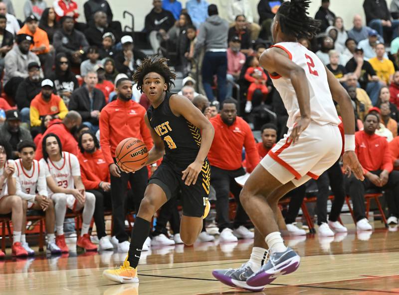 Joliet West's Aamir Shannon drives to the basket  during the Class 4A sectional semifinal against Homewood Flossmoor at Rich Township on Tuesday, Feb. 27, 2024, at Richton Park. (Dean Reid for Shaw Local News Network)