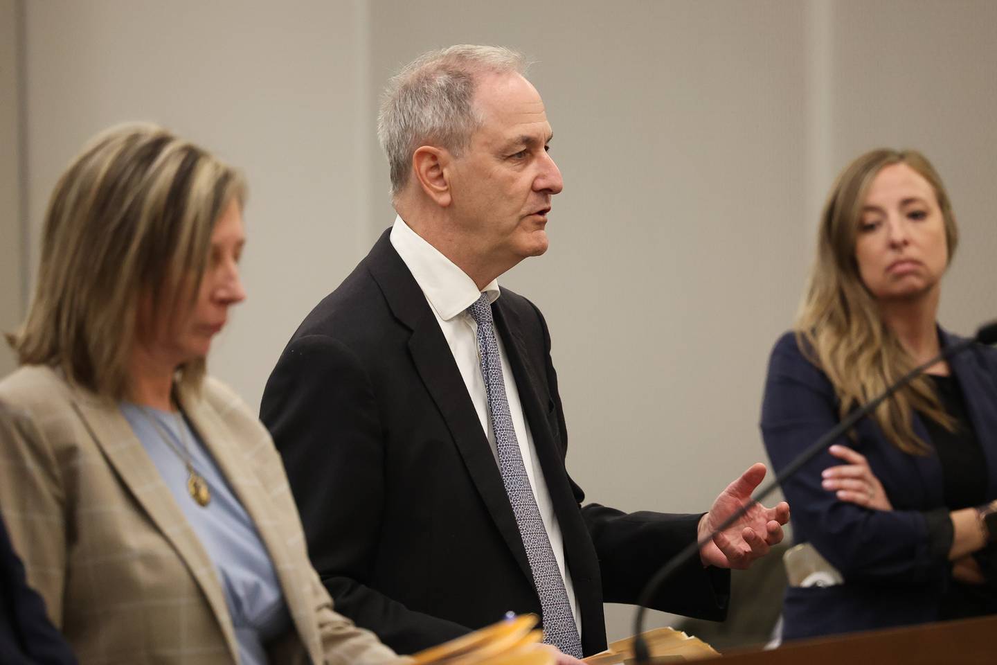 Attorney Steven Mandell (center), who represents WGN-TV, NewsNation and Nexstar Media Group, during a court hearing on Wednesday, March at the Will County Courthouse in Joliet.