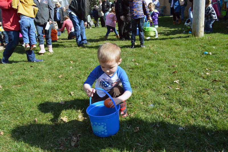 Timothy Pratt, 3, of Leaf River, places an egg in his bucket during an Easter egg hunt in the park outside the Bertolet Building on April 8, 2023. The Leaf River Lions Club hosted a Breakfast with Bunny and the Easter egg hunt.