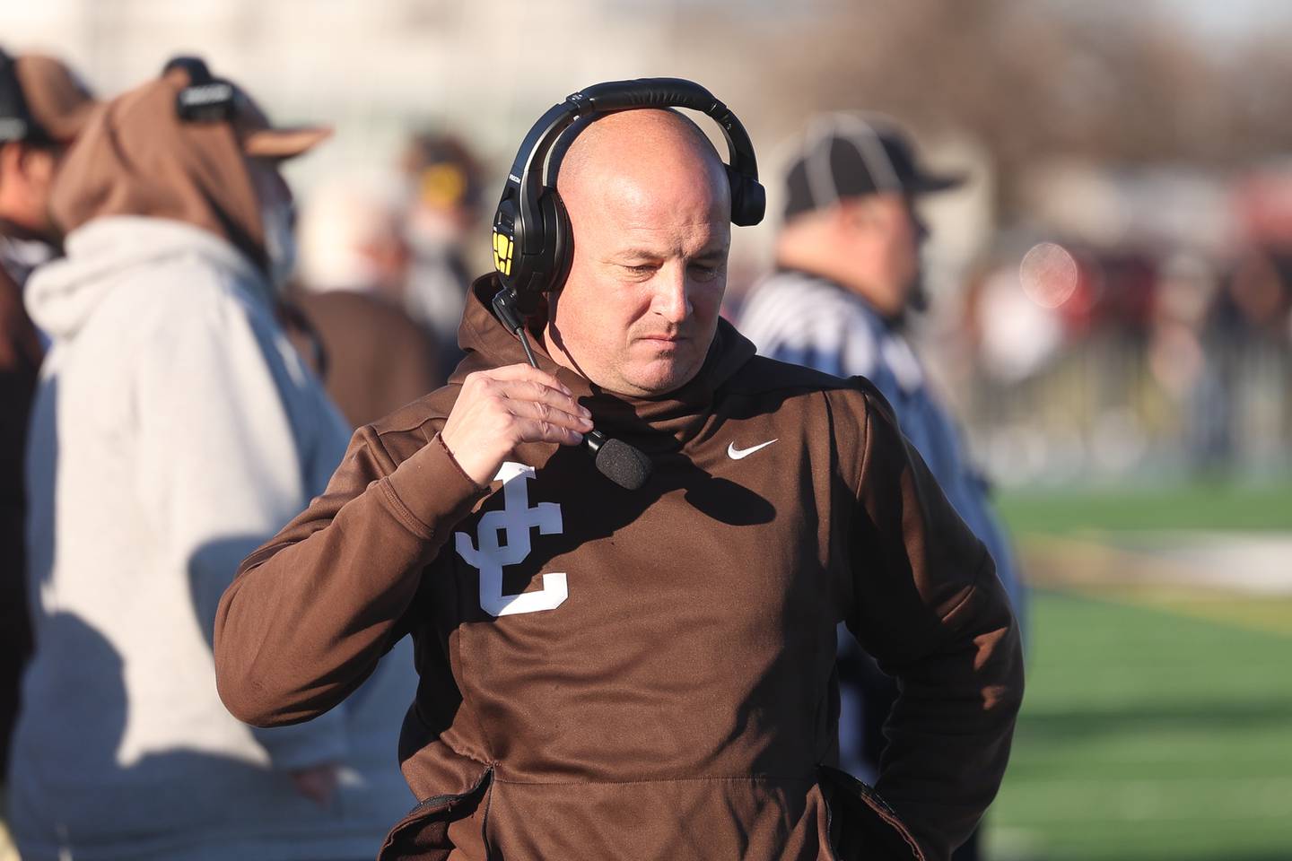 Joliet Catholic head coach Jake Jaworski walks the sidelines against Providence in the Class 5A semifinal on Saturday, Nov. 18, 2023, in Joliet.