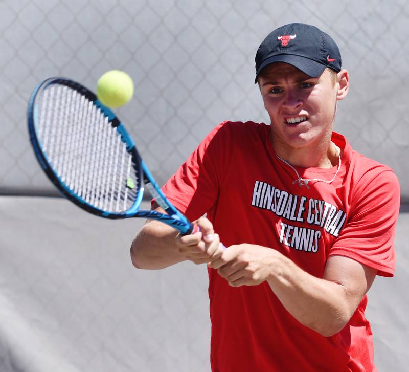 Hinsdale Central’s Alex Kotarski returns the ball during the Class 2A singles final of the boys state tennis tournament at Palatine High School on Saturday, May 25, 2024 in Palatine.
