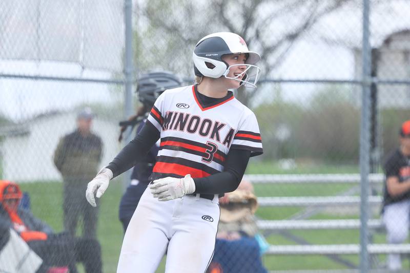 Minooka’s Sofia Dziuba scores on a wild pitch against Oswego on Wednesday, April 17, 2024 in Minooka.