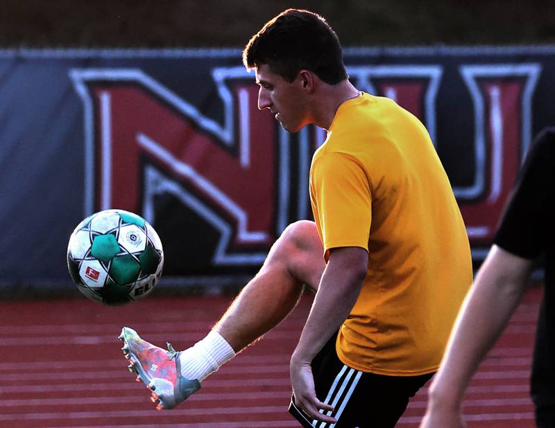 DeKalb County United’s Ronan Wilcox, from Arlington Heights, kicks the ball Thursday, June 6, 2024, during practice at the Northern Illinois University Soccer and Track and Field Complex in DeKalb.