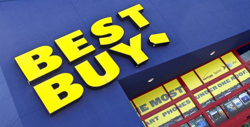 File photo: The Best Buy logo is displayed on a store in Miami, Fla.