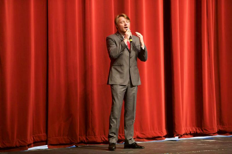 Mr. Kaneland contestant Tommy Whitney performs during Mr. Kaneland contest on Friday, March 15, 2024 at Kaneland High School in Maple Park.