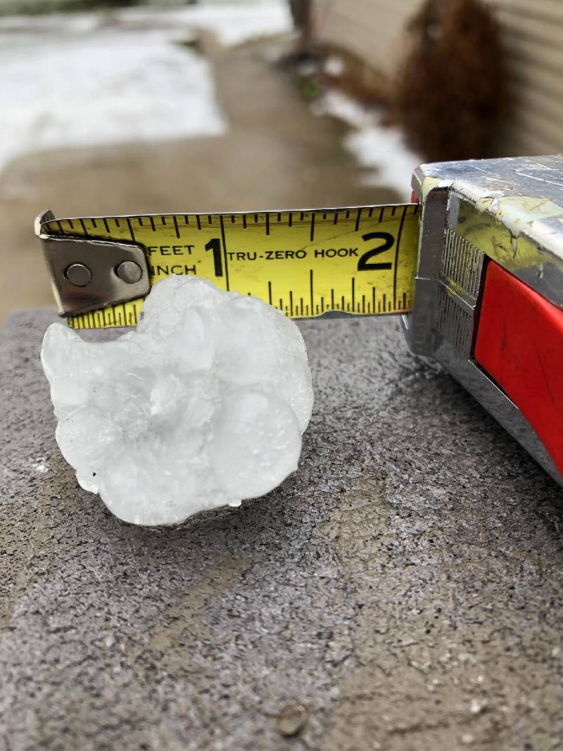 A hail stone measures nearly 1 1/2 inches from the storm around noon in Oregon on Tuesday, April 4, 2023.