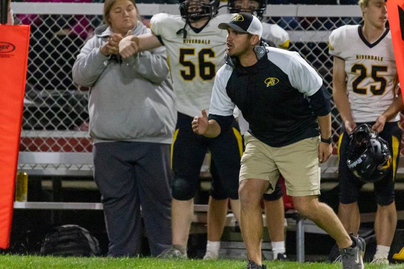 Coach of Riverdale yells on sideline on Friday, October 18, 2024 at Richard Nesti Stadium in Spring Valley.