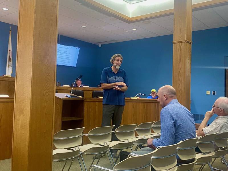 Jeff Scales, co-owner of Green Monk, speaks during La Salle's Planning and Zoning meeting on Monday night.