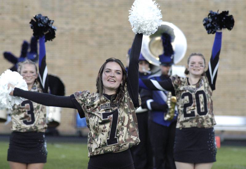 Members of Dixon High School's Poms, Cheerleaders and band entertain the crowd before kickoff  . Oregon traveled to AC Bowers field to play the Dukes on Friday, Sept. 7,2024