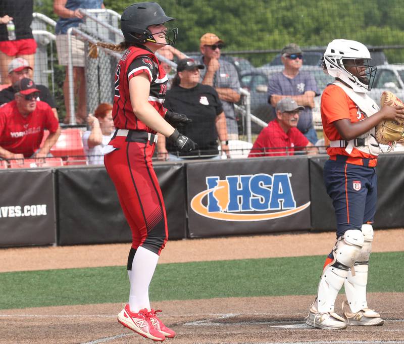 Yorkville's Madi Reeves reacts after scoring a run against Oak Park-River Forest during the Class 4A State semifinal softball game on Friday, June 9, 2023 at the Louisville Slugger Sports Complex in Peoria.