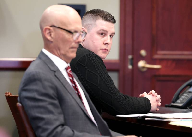 James Corralejo, (left) of DeKalb, and his attorney Camic Johnson listen to arguments by lead prosecutor Scott Schwertley Monday, April 29, 2024 during a hearing on his case at the DeKalb County Courthouse in Sycamore. Corralejo is charged with reckless homicide and DUI causing death in the fatal crash Nov. 5, 2023, that killed DeKalb woman Graciela Reza Contreras, 59.