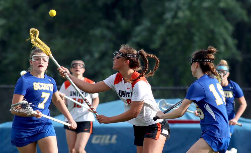 Crystal Lake Central’s Fiona Lemke moves the ball against  Lake Forest during girls lacrosse supersectional action at Metcalf Field on the campus of Crystal Lake Central Tuesday.