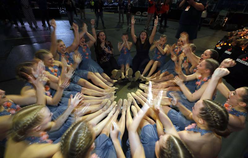 Geneva reacts after taking third in the IHSA 2A  Competitive Dance State Finals Saturday, Jan. 27, 2024 at Grossinger Motors Arena in Bloomington.