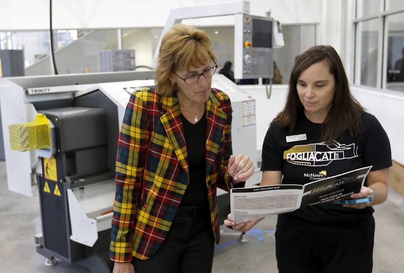 Linda Wemple of Scot Forge talks with Kelly Gschwend, as Gschwend leads a tour of the Foglia Center for Advanced Technology and Innovation on Tuesday, Sept. 3, 2024, at McHenry County College.