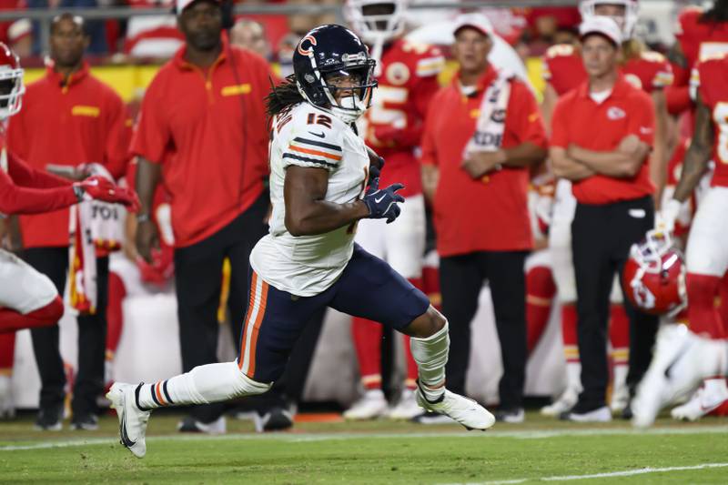 Chicago Bears wide receiver Velus Jones Jr. runs for a touchdown against the Kansas City Chiefs during the second half of an NFL preseason football game, Thursday, Aug. 22, 2024 in Kansas City, Mo. (AP Photo/Reed Hoffmann)