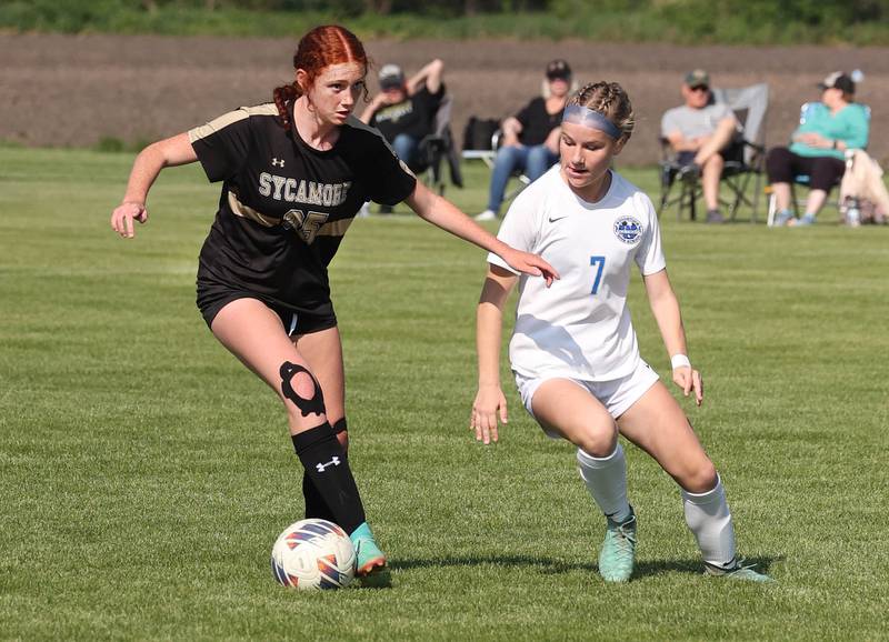 Sycamore's Izzie Segreti tries to hold off Woodstock's Kendall Pope during their Class 2A regional semifinal game Wednesday, May 15, 2024, at Kaneland High School in Maple Park.