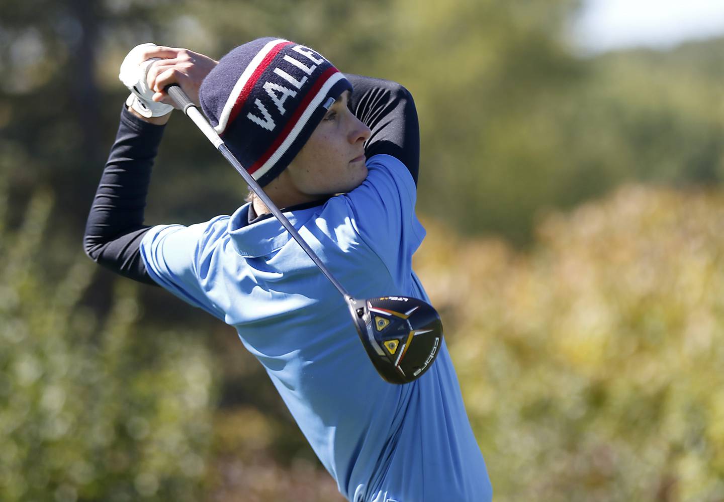 Marian Central’s Peter Louise watches his tee shot on the first hole during the IHSA 2A Marengo Regional Golf Tournament Wednesday, Sept. 28, 2023, at Marengo Ridge Golf Club.