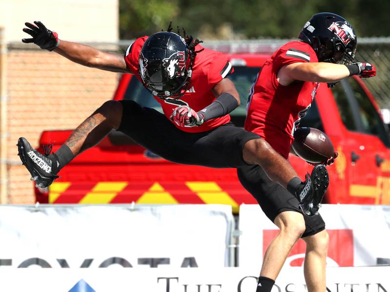 Northern Illinois' Dane Pardridge (right) celebrates his touchdown catch with teammate Trayvon Rudolph during their game against Western Illinois Saturday, Aug. 31, 2024, in Huskie Stadium at NIU in DeKalb.