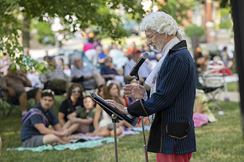 Tom Wadsworth channels Thomas Jefferson and reads aloud the Declaration of Independence Friday, June 30, 2023 on the lawn of the old Lee County Courthouse. The reading was just one of many events Friday to kick off the fun of Petunia Fest week.