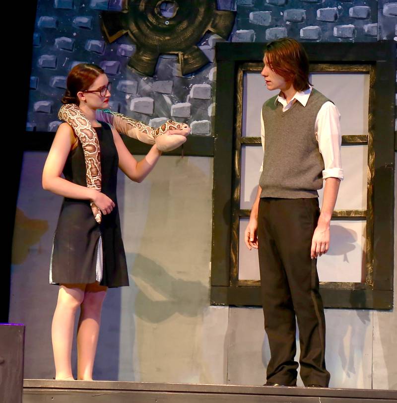 Kaneland High School students Riley Swiderski and Levi Kovach in Failure: A Love Story, during dress rehearsal on Wednesday, Oct. 19, 2022 in Maple Park.