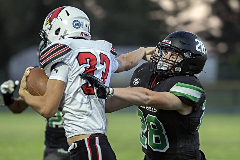 Rock Falls’ Javes Velasquez pushes Stillman Valley’s Michael Orlando out of bounds Thursday, August 31, 2023 at Rock Falls High School.