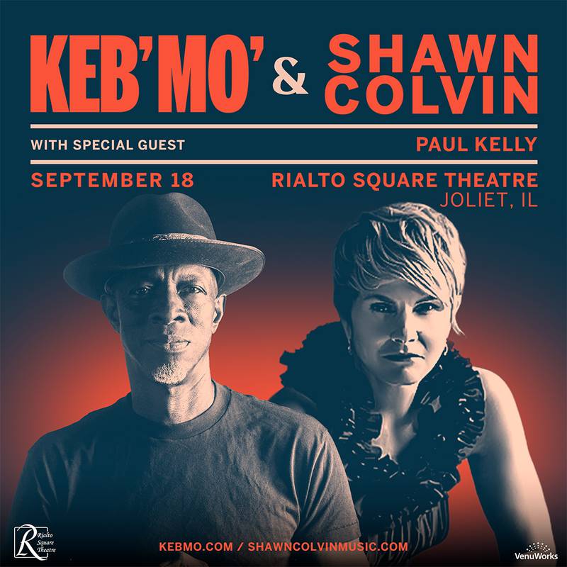 Blues guitarist and singer Keb’ Mo’ and singer-songwriter Shawn Colvin will perform at downtown Joliet’s Rialto Square Theatre on Wednesday, Sept. 18.