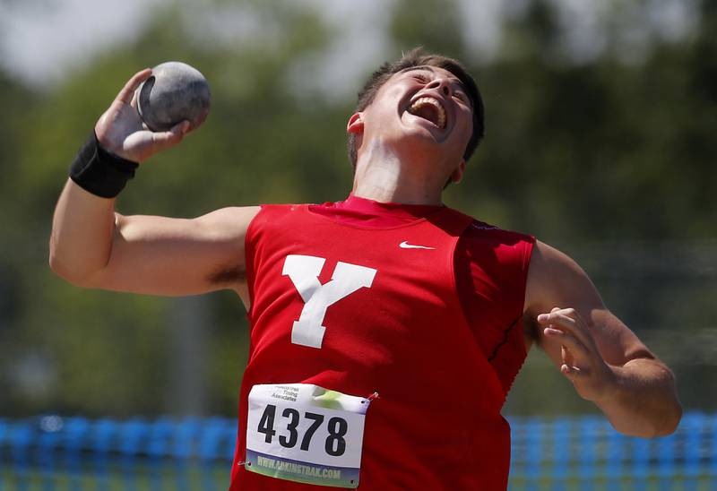 Yorkvillet’s Dominic Vashkelis-Benson throws the shot putt during the IHSA Class 3A Boys State Track and Field Championship meet on Saturday, May 25, 2024, at Eastern Illinois University in Charleston.