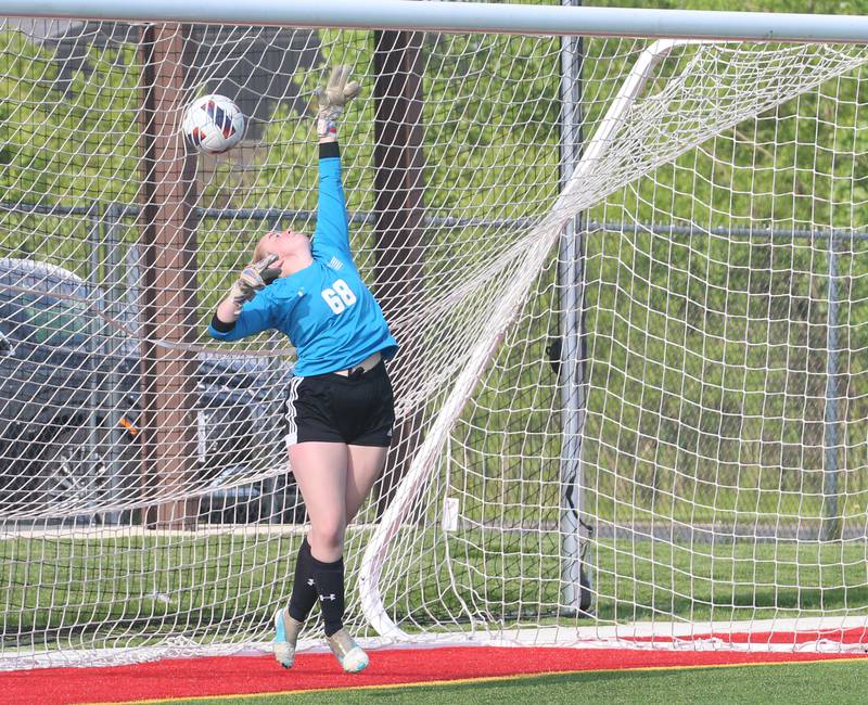 Streator keeper Charlie McMullen fails to stop the 9th goal scored by Morton during the Class 2A Regional semifinal game on Wednesday, May 15, 2024 at the L-P Athletic Complex in La Salle.