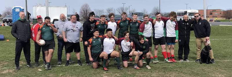 Members of the Cavalier Rugby Club pose for a photo with players from the Plainfield club after the teams competed in a scrimmage April 10. It was the first scrimmage for the La Salle-Peru club. L-P team members are Brock Turzick, Ty Turzick, Jacob Arthur, Bradley Perez and Drew Roda. The team is coached by Fran Baker and Troy Turzick.