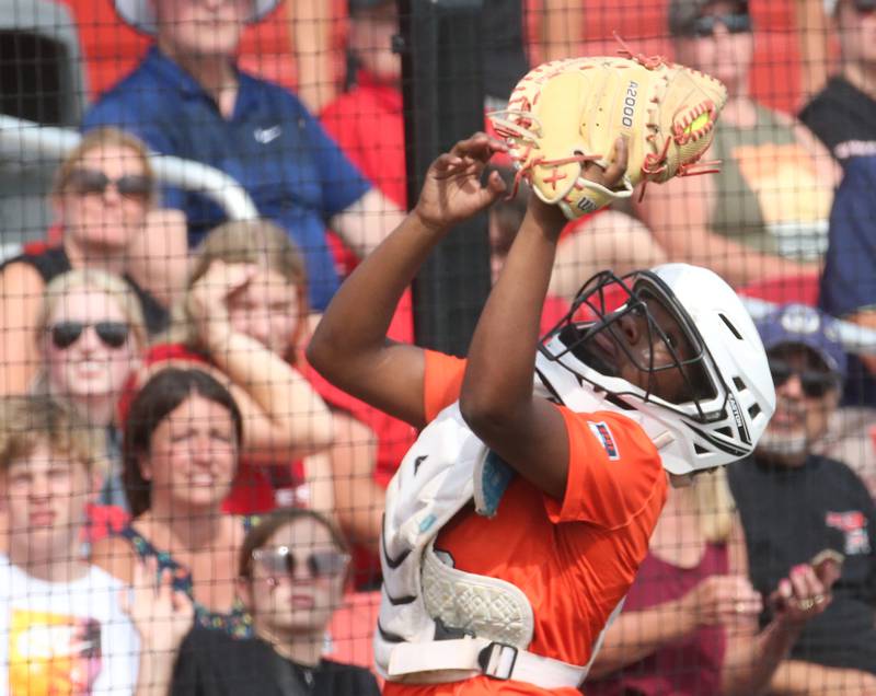 Oak Park-River Forest catcher Tyler Brock makes a catch behind home plate against Yorkville during the Class 4A State semifinal softball game on Friday, June 9, 2023 at the Louisville Slugger Sports Complex in Peoria.