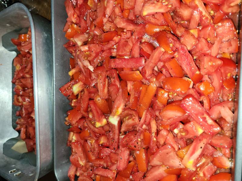 Freshly harvested tomatoes cleaned and cut for post-harvest freezing.