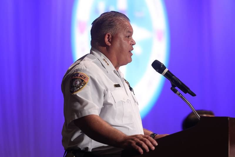 Joliet Police Chief Bill Evans speaks at the Public Safety Open Forum at the Billie Limacher Bicentennial Park Theatre on Wedensday June 26, 2024 in Joliet.