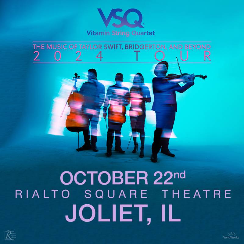 Vitamin String Quartet: The Music of Taylor Swift, Bridgerton, and Beyond will be at the Rialto Square Theatre in downtown Joliet Tuesday, Oct. 22.