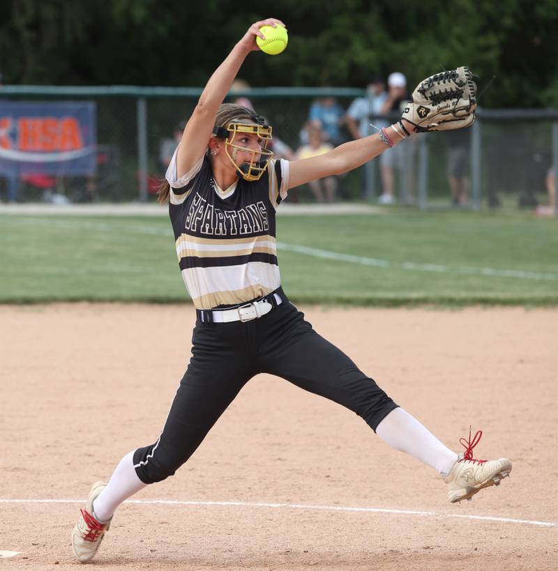 Sycamore's Bella Jacobs delivers a pitch during their Class 3A supersectional game Monday, June 3, 2024, against Antioch at Kaneland High School in Maple Park.